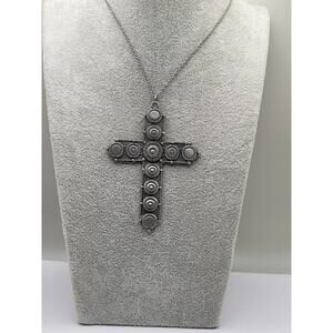 Vintage Pewter Cross Pendant Necklace 16 Inch Chain Religious Jewelry